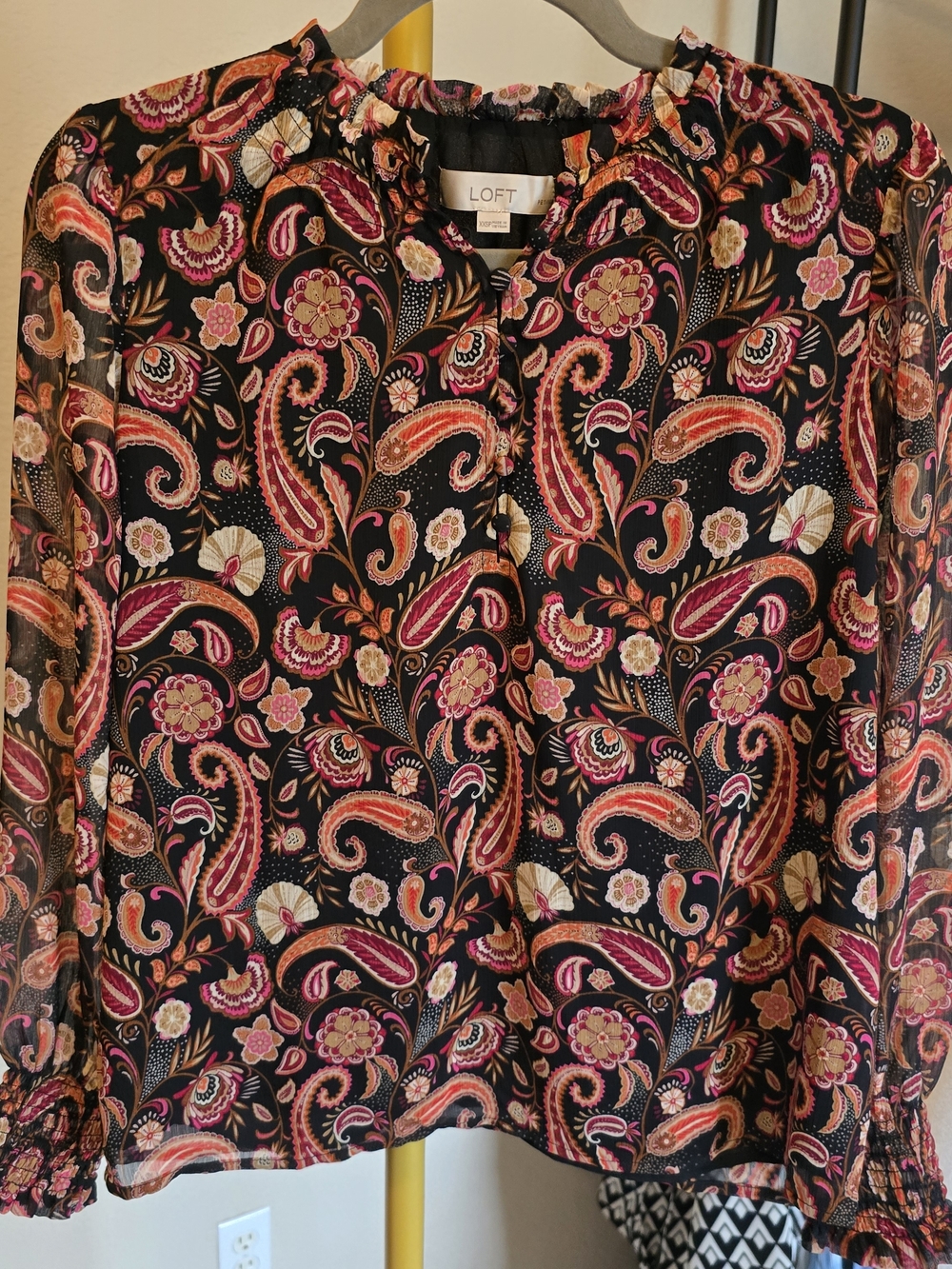 LOFT Floral Paisley Blouse in Black with Pink & Orange